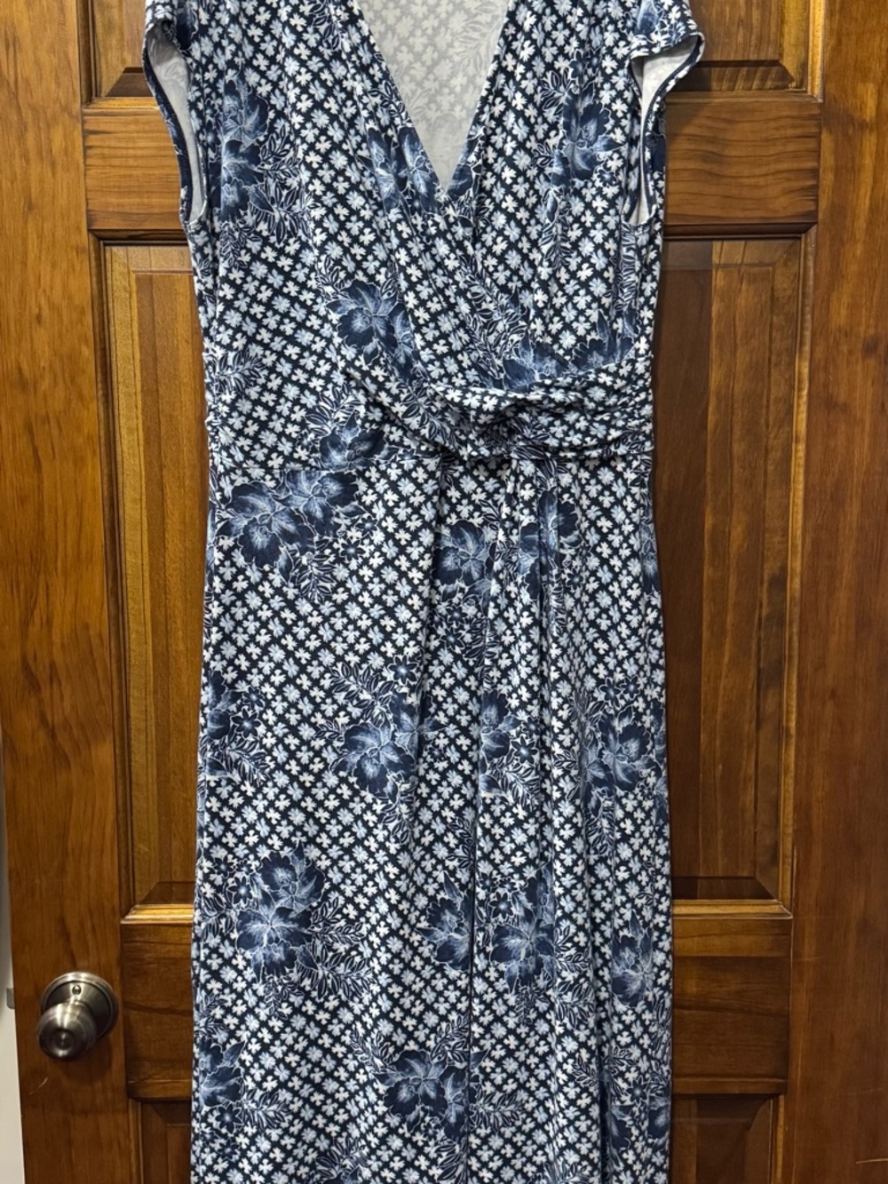 Lands' End Navy and White Floral Wrap Maxi Dress